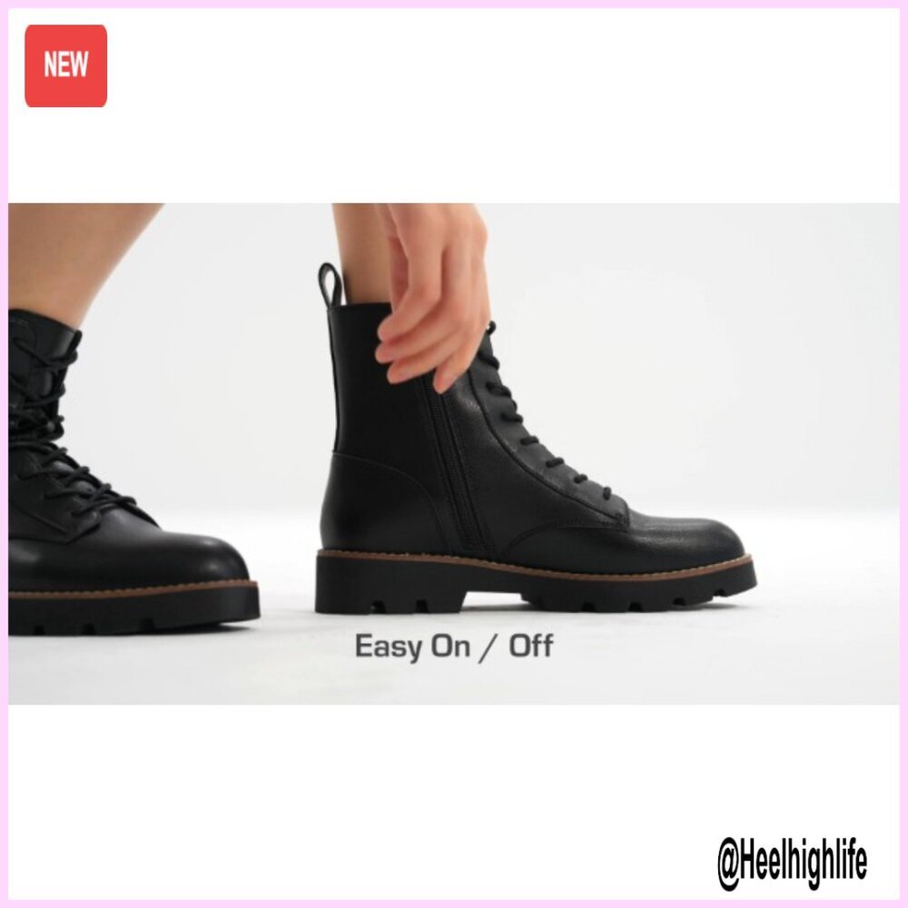 Women's Combat Ankle Boots Lug Sole Lace Up Side Zipper Vegan Leather - Picture 7 of 7